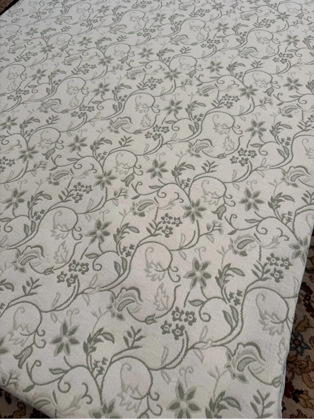 Floral Vine Jacquard Tablecloth sage green white reversible 83” x64” cotton blnd